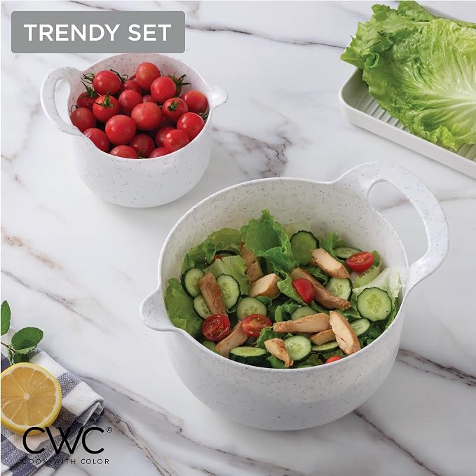 COOK WITH COLOR Nesting Plastic Mixing Bowl Set with Pour Spouts and Handles, Speckled White, 6 Piece Non-Slip