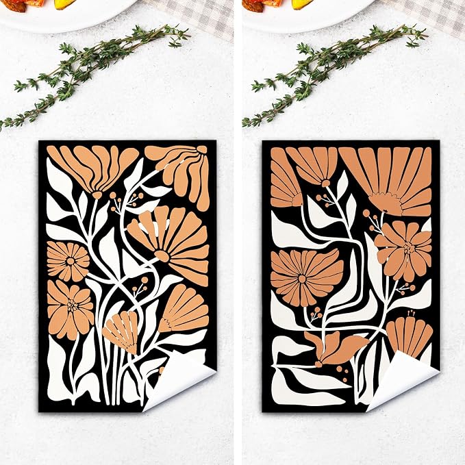 Abstract Boho Black and Beige Brown Floral Kitchen Towels Set of 2, 70s Retro Groovy Botanical Dish Tea Towels for Kitchen Bathroom Decor, Mid Century Modern Hand Towels, 16x24 Inch