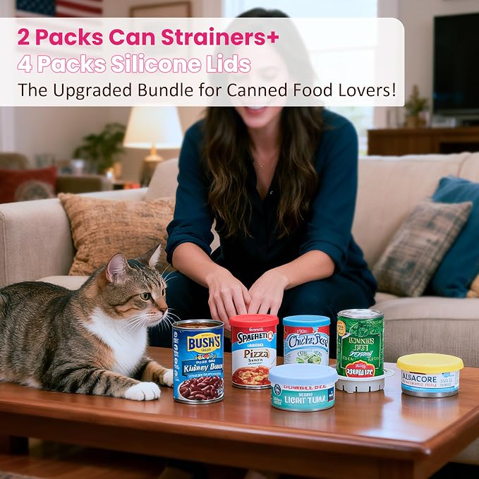 Can Lids & Strainer Duo — 2 Packs Can Strainers and 4 Packs Silicone Can Covers, Fit for 3.0''|3.2''|3.5''|4.0-inches Canned Food, Holiday Kitchen Set, Essential Canning Supplies