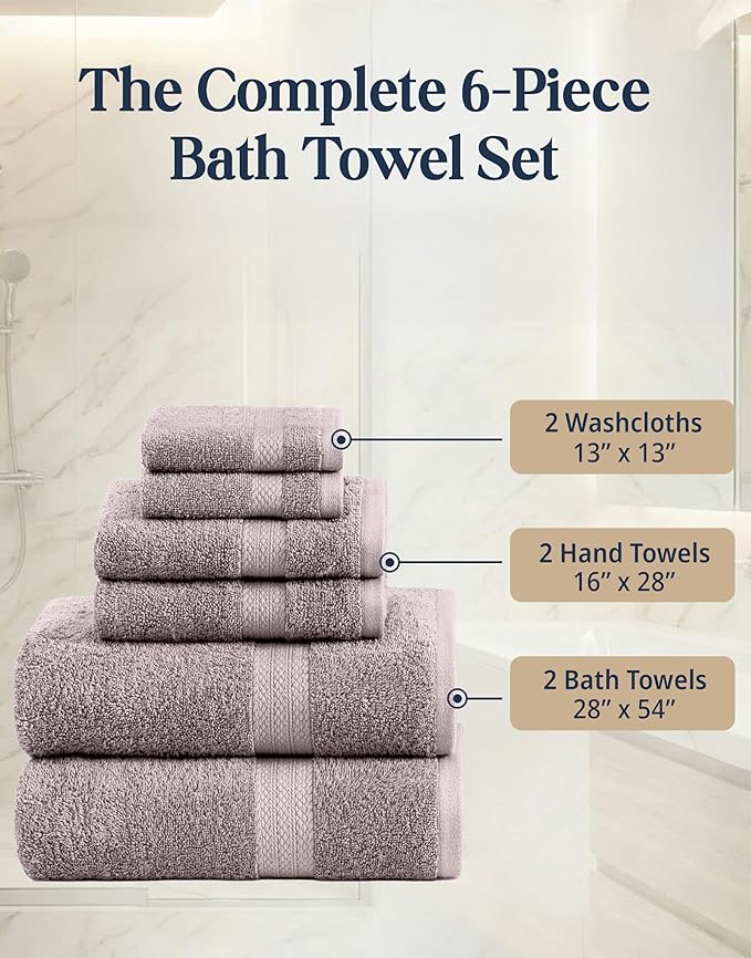 LANE LINEN Towel Set Quick Dry 100% Cotton 6 Piece Soft - Platinum | Cotton Bath Towel Set - Ring-Spun Durability, Ring-Spun Cotton, Terry Weave Comfort, Long-Lasting Comfort, Hotel-Style Look