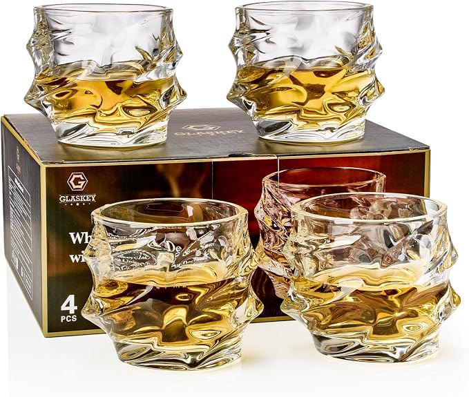 GLASKEY 12 oz Storm Japanese Whiskey Glasses Set of 4, Unique Cognac Glasses, Heavy Thick Bottom Bar Glass for Scotch Bourbon Rum Gin Water Cocktail,Gifts Men Gifts Ideas
