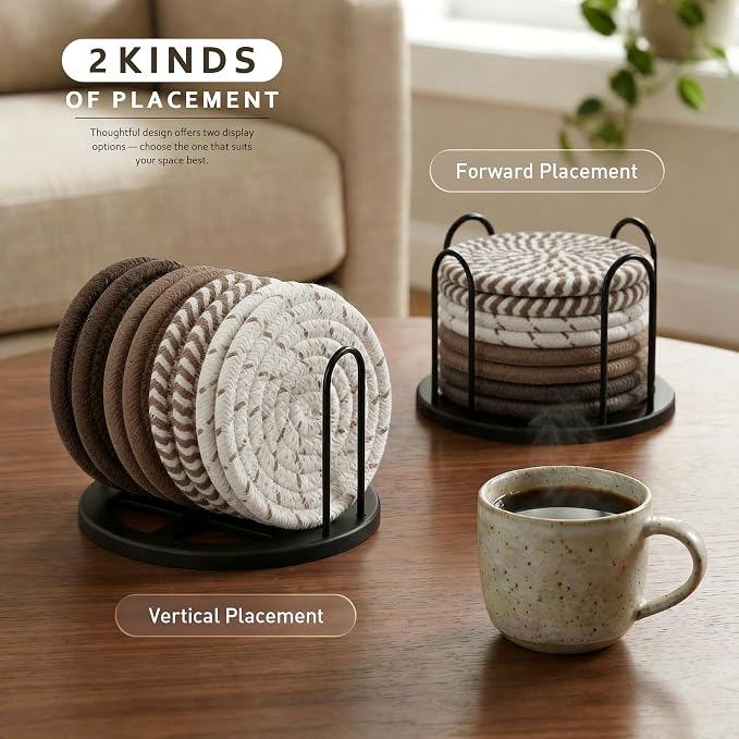 Lazebox Coasters Set of 8 for Drinks, 4 Inch Large Coasters for Coffee Table, Tabletop Protection for Hot & Cold Drinks, Versatile Coasters for Home Decor, Non-Slip & Easy to Clean, Brown