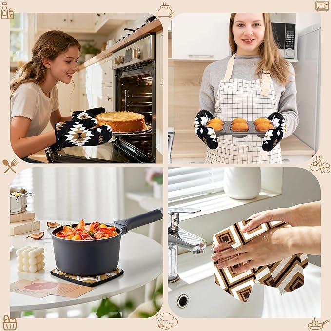 8 Pcs Western Aztec Kitchen Decor Accessories Set Farmhouse Towels Pot Holders Oven Mitts Set 4 Dish Towels 2 Potholders 2 Cooking Mittens Oven Glove for Baking Cooking Mother's Day(Brown,Kitchen)