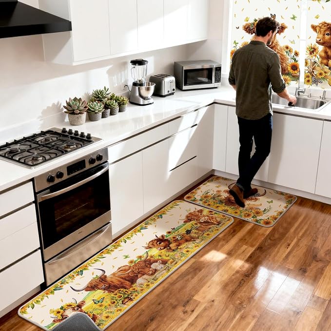 13 Pcs Farmhouse Highland Cow Kitchen Decor Set 3 Cow Kitchen Curtains Valance 2 Sunflower Rugs and Mats 4 Towels 2 Pot Holders 2 Oven Mitts for Home Decor Cooking Grilling Housewarming Gift