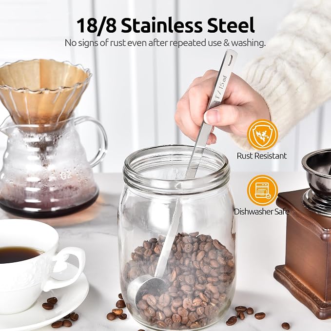 U-Taste Coffee Scoop 1&2 Tablespoon: 18/8 Stainless Steel Measuring Scooper for Ground Coffee, Bean, Powder, Espresso, 8.5in Long Handle Metal Meaure Spoon for Canister, Jar (1&2Tbsp/15&30ml, Silver) | 18/8 Stainless Steel Tablespoon Scoop, Long Metal ...