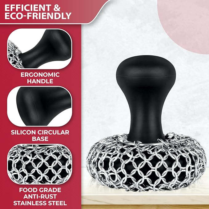 316L Chainmail Scrubber Cleaner Kit - Chain Scrubber with Long Grip Handle | Zylark Chain Mail Scrubber Cast Iron - Cast Iron Skillet Scrubber - Chain Scrubber with Long Handle