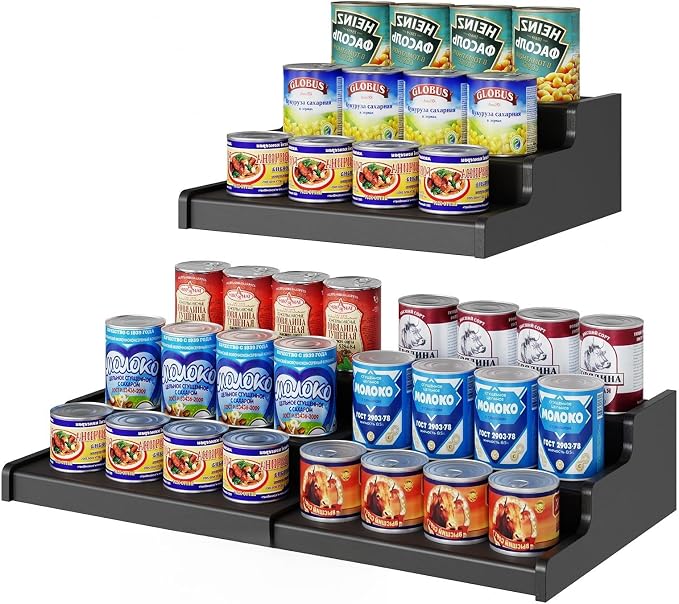 3-Tier Expandable Bamboo Can Organizer for Pantry, Holds 24 Cans, Black | Adjustable Can Storage Rack for Pantry, Can Holder for Kitchen Cabinets, Canned Food Soda Organizer, Black (Patent Pending)