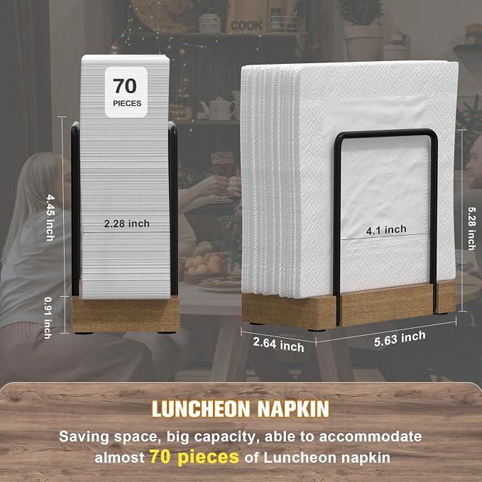 Wican Napkin Holder for Table, Acacia Iron Standing Napkin Dispenser | Kitchen Dining Table Farmhouse Cocktail Picnic Rustic Wood Holders, Mail, Suitable Dining Room Decors, Acacia and Matte Black