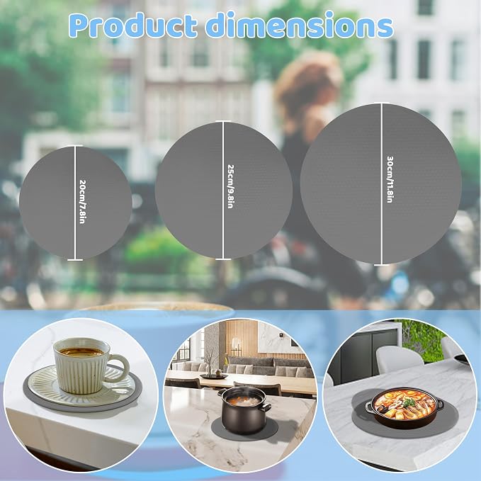 8 10 12 Inch Microwave mat, Trivet, Multi-Purpose Hot Pad,Pot Holder,Baking,Drying, Silicone mats for Microwave,Dishwasher Safe - Splatter Guard, Set of 3,Grey,Blue