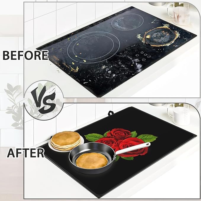 Vintage Rose Stove Top Cover for Electric Stove,Heat Resistant Glass Cooktop Cover,Multipurpose Stove/Counter/Washer Top Protector, Dishwasher Safe Rubber (28x 20)