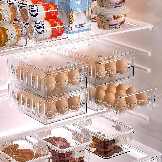 Egg Holder for Refrigerator Drawer Type Egg Container for Refrigerator BPA Free Fridge Organizer-12 Egg Storage,Stackable