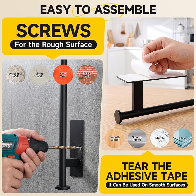 Paper Towel Holder Wall Mount - Self Adhesive No Drill or Drilling, SUS304 Stainless Steel - Kitchen, Bathroom, Sink, Pantry, Fridge(Black) | Maximize countertop space with secure roll storage. Fits kitchens, bathrooms, RVs and pantries with flexible m...