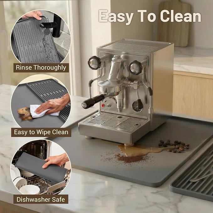 Silicone Coffee Mat for Countertop, 16x16 inch Heat Resistant Espresso Machine Mat, Non-Slip Coffee Bar Mat with Detachable Drying Area and Raised Edge, Waterproof Station Pad - Grey