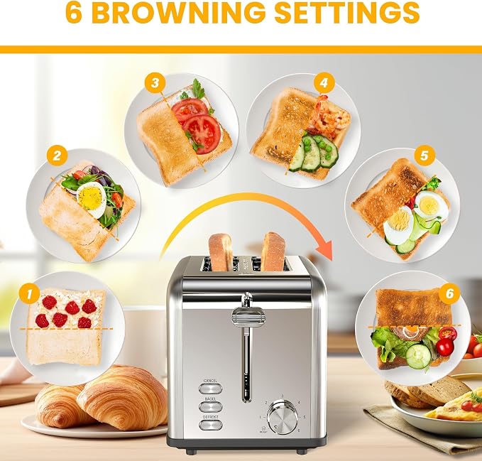 Simple Deluxe 2-Slice Toaster, 6 Browning Setting and 3 Function Stainless Steel Toaster, Extra Wide Slot & Removable Crumb Tray, for Bread & Waffle, Silver