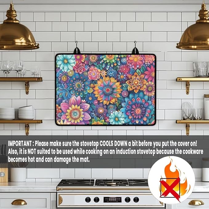 Boho Mandala Lotus Hippie Flower Print Electric Stove Top Cover Thick Induction Cooktop Protector with Lanyards Anti-Slip Coffee Machine Mat for Glass Top Stove, 29.18 x 20.96 inch