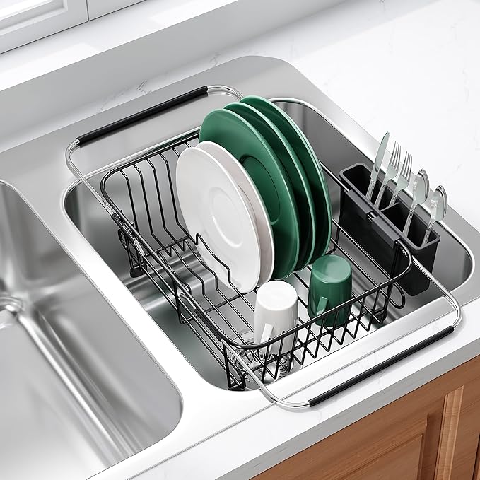 JASIWAY Black Dish Drying Rack in Sink with Utensil Holder, RV, Apartment | Over Sink Expandable Stainless Steel Dish Drainers for Compact Kitchen, Space Saving, Fast Drain, Rustproof, For 1-2 people