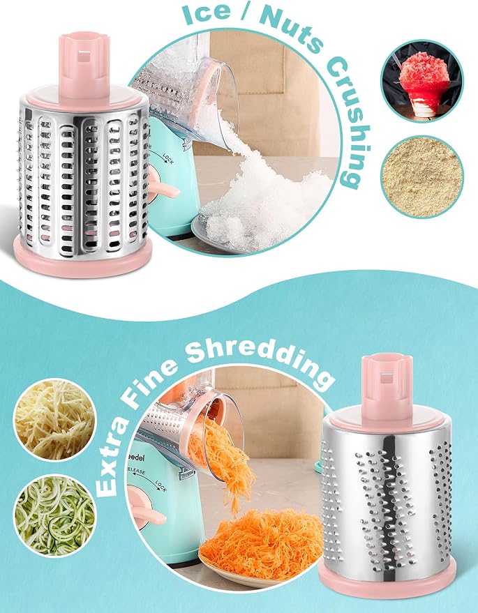 Geedel Rotary Cheese Grater Hand Crank, Cheese Shredder Vegetable Slicer | 5 Blades, 430 Stainless Steel, 12x Fast Cutting, Strong Suction Base, No BPA, Dishwasher Safe, for Cheese, Veggie, Nut