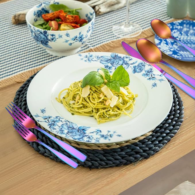 Matte Rainbow Silverware Stainless Steel Flatware Set for 6 Colorful Cutlery Set 30 pieces Include Forks Spoons and Knives for Kitchen Home Restaurant Satin Finish Square Edge Handle