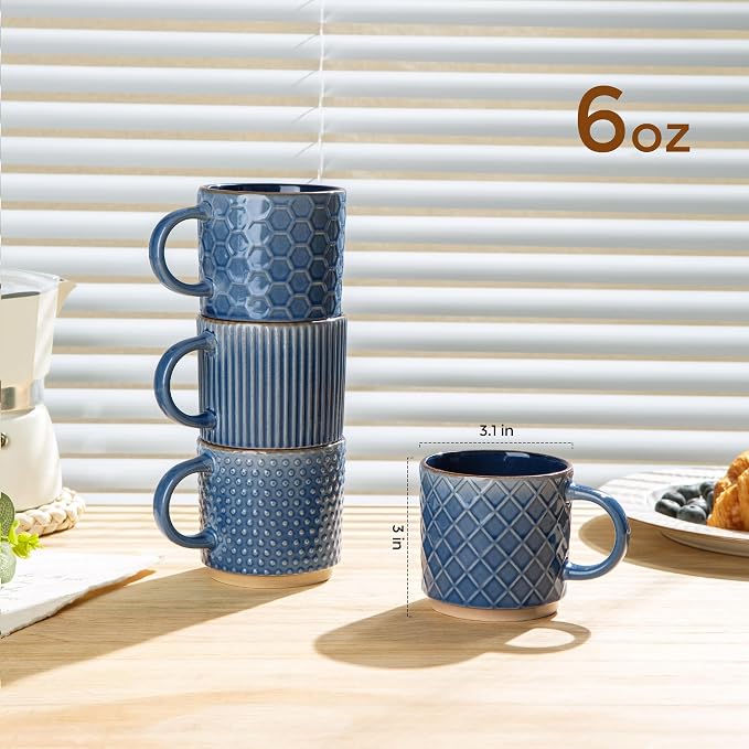 GBhome 6 OZ Stackable Coffee Mugs Set of 4, Ceramic Coffee Cups Set | 4 Assorted Designs, Embossed Mugs with Texture Patterns for Espresso/Tea, Dishwasher&Microwave Safe, Blue