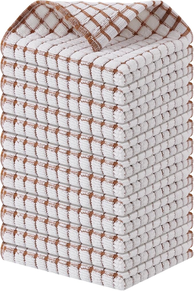 Kitinjoy Cotton 12 Pack Terry Kitchen Dish Cloths, Brown | 12 x 12 Inches Super Soft and Absorbent Dish Rags, Quick Drying Dish towels for Washing Dishes