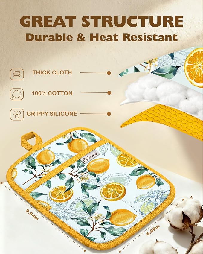 100% Cotton Pot Holders Textured Soft Silicone Grip Lemon | Stylish Pot Holders 2pcs, Machine Washable Non-Slip Heat Resistant Hot Pads & Oven Mitts 2-in-1, Practical Kitchen Decor