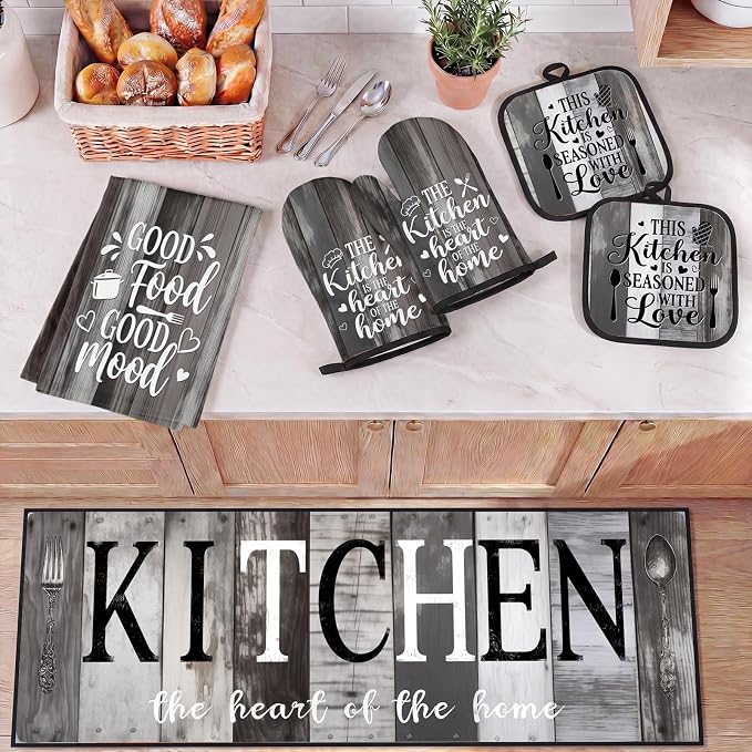 10 Pcs Kitchen Decor and Accessories Set, Rustic Country Vintage | Western 4 Dish Towels Kitchen Rugs 2 Oven Mitts 2 Pot Holders, Home Decor for Cooking Baking BBQ Gifts Women Mom Housewarming