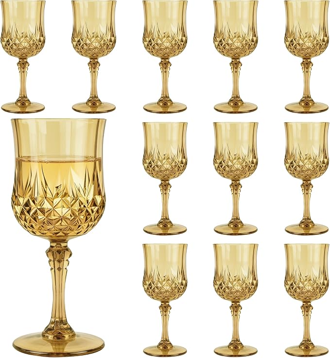12Pack Plastic Wine Glasses, 7oz Vintage Goblets for Wedding | Unbreakable Crystal Style Reusable Stemware, Elegant Gold Drinking Glass for Party Anniversary & Holiday Celebration