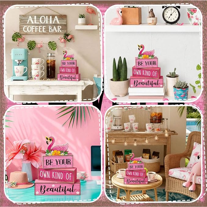 Lineshading 4 Pcs Flamingo Summer Decor Wooden Tabletop Signs Pink | Farmhouse Tiered Tray Decorations, Birthday Party Blocks with Quotes, Flamingo Table Centerpiece for Home Gift