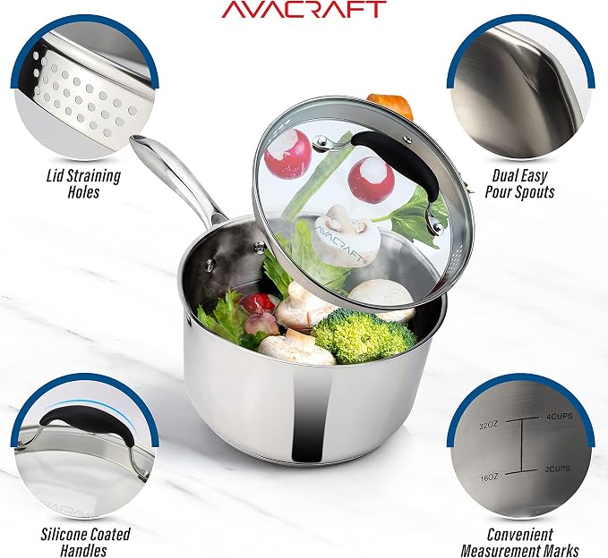 AVACRAFT Stainless Steel Saucepan with Glass Strainer Lid, Two Side Spouts for Easy Pour with Ergonomic Handle, Multipurpose Sauce Pot (5-Ply Capsule Bottom, 1.5 Quart)