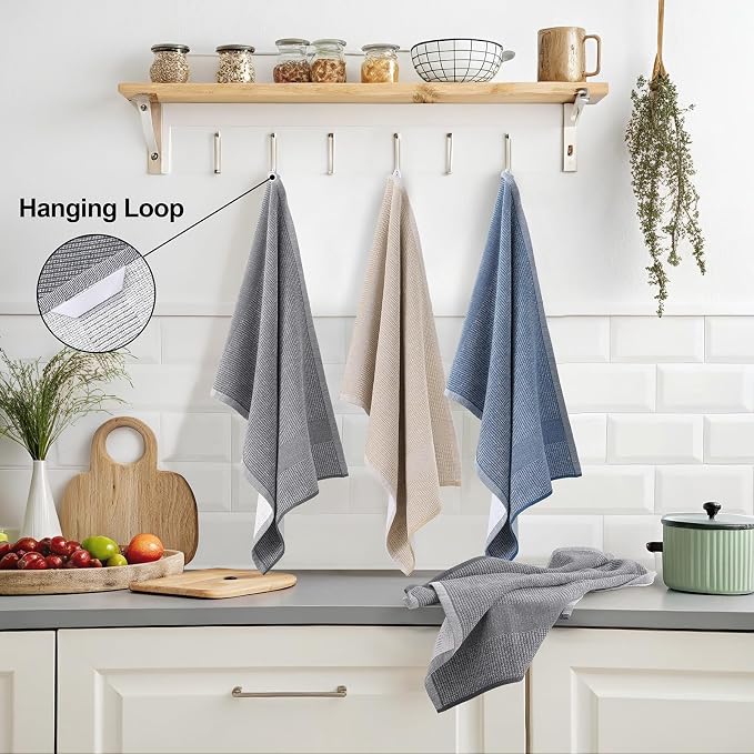Mordimy Premium Large Cotton Kitchen Towels (18"x 28", 8 Pack), Multicolor | 100% Ring Spun Cotton, Super Absorbent, 380 GSM, Flat & Terry, Soft, Hanging Loop Dish Towels
