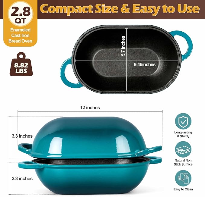 Homikit Enameled Cast Iron Dutch Oven for Bread Baking, 2.8 QT Oval Bread Oven Pot with Lid, 9.5 x 5.7 Inch Sourdough Loaf Baking Pan for Homemade Bread, Heavy Duty & Oven Safe, Dark Green
