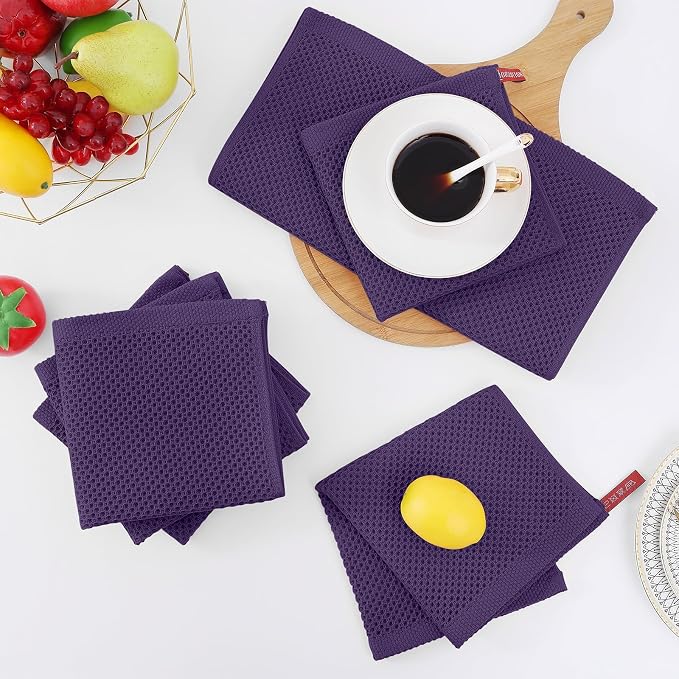 Homaxy 100% Cotton Waffle Weave Kitchen Dish Cloths 12-Pack, Eggplant | 12 x 12 Inches, Ultra Soft Absorbent Dish Towels, Quick Drying Dish Rags with Hanging Loop
