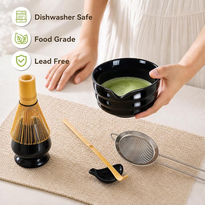 Matcha Whisk Set with Modern Black Ceramic Bowl - Japanese Tea Ceremony Essentials, Includes Bamboo Whisk (Chasen), Holder, Matcha Powder Sifter, Scoop, Complete Preparation Kit