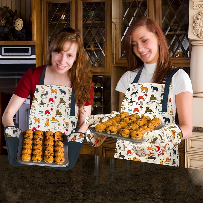 Alselo Oven Mitts and Pot Holders with Chef Apron,Kitchen Set of 5 | Heat Resistant Kitchen Gloves and Silicone Non-Slip Potholders Adjustable Neck Buckle Chef Apron, Cotton Dog Design (Dog)