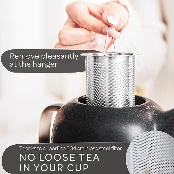 Design Tea Pot (44 oz) - Premium Ceramic Teapot with Infuser for Loose Tea - Black Teapot Ceramic with Removable Strainer