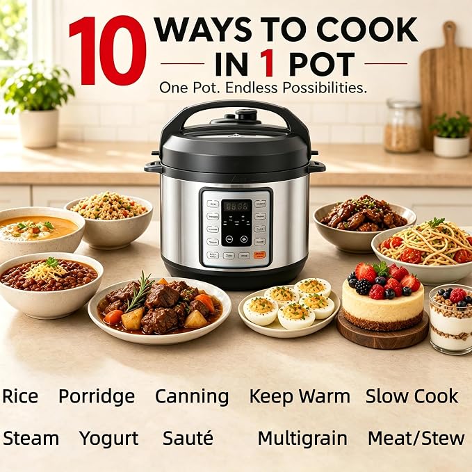 Simple Deluxe Electric Pressure Cooker 3Qt, 10 Presets Instant Multi Cooker, Olla de Presion Nonstick Pot 3 Quarts for Slow Cook, Rice Cook, Steam, Sauté, Canning, Yogurt Maker, Warm, Silver and Black