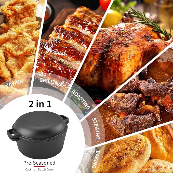 2-in-1 Pre-Seasoned Cast Iron Dutch Oven with Skillet Lid,5-Quart | Oven,grill,campfire and stovetop safe,durable dual-handle cookware for sourdough bread,frying,camping and BBQ