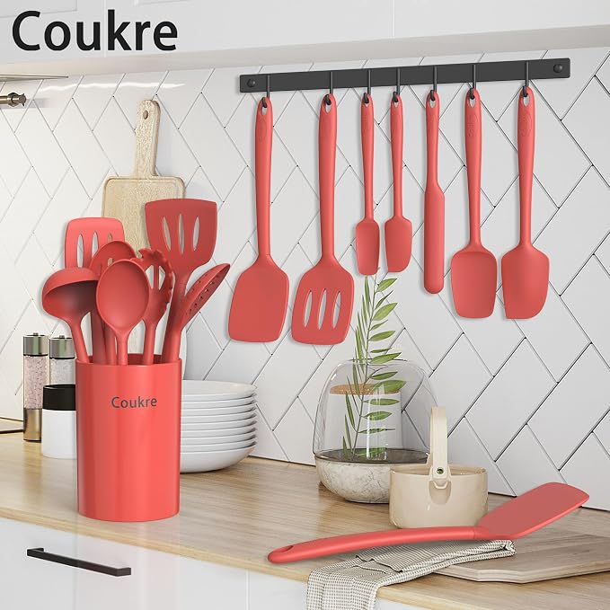 Coukre Silicone Kitchen Cooking Utensils Set, Heat Resistant, 14-Piece | Dishwasher-Safe, Food-Grade Silicone, BPA-Free, Spatulas, Spoons & Turner, Safe for Nonstick Cookware, PureRed