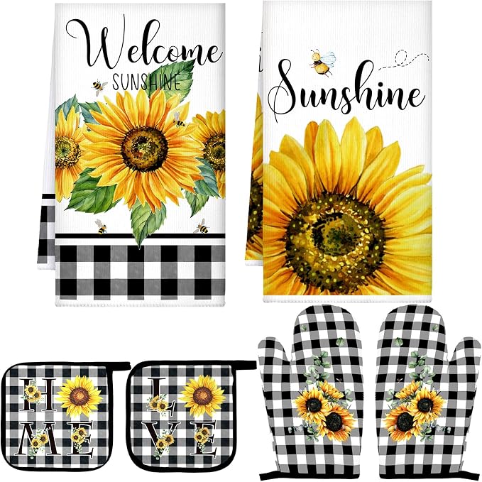 Bencailor 6 Pcs Sunflower Kitchen Decor Sunflower Kitchen Towels Black and White Plaid Pot Holders and Oven Mitts Sets 2 Farmhouse Cooking Mittens for Cooking Grilling Supply Accessories