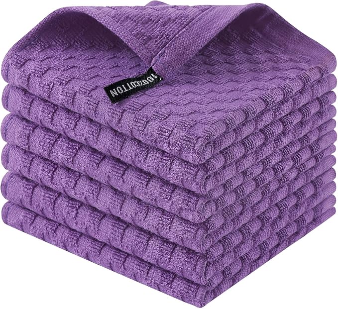 Homaxy 100% Cotton Terry Dish Cloths, 12"x12", 6-Pack, Purple | Ultra Soft Absorbent Dish Towels with Hanging Loop, Pineapple Grid Designed