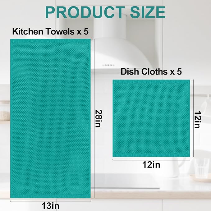 Homaxy 10 Pack 100% Cotton Kitchen Towels and Dishcloths Set, Teal | 12 x 12 Inches and 13 x 28 Inches Kitchen Towels Set, Ultra Soft Absorbent Dish Cloths for Washing Dishes