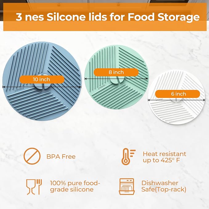 Silicone Lids for Bowls 3 Pack 6/8/10 Inch, Microwave Splatter Cover Food Storage Universal Multi-Use Pot Holders Trivet Mats, Heat Resistant Dishwasher Safe for Pans Plates Cups