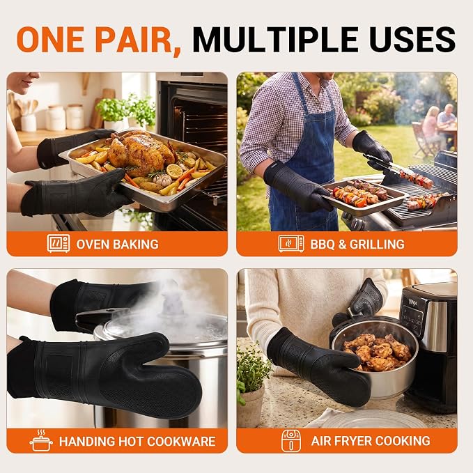 Silicone Oven Mitts, 14.2" Extra Long, Heat Resistant, Black | Heat resistant up to 570°F, wrist and forearm coverage, non-slip grip, waterproof exterior, 2-pack