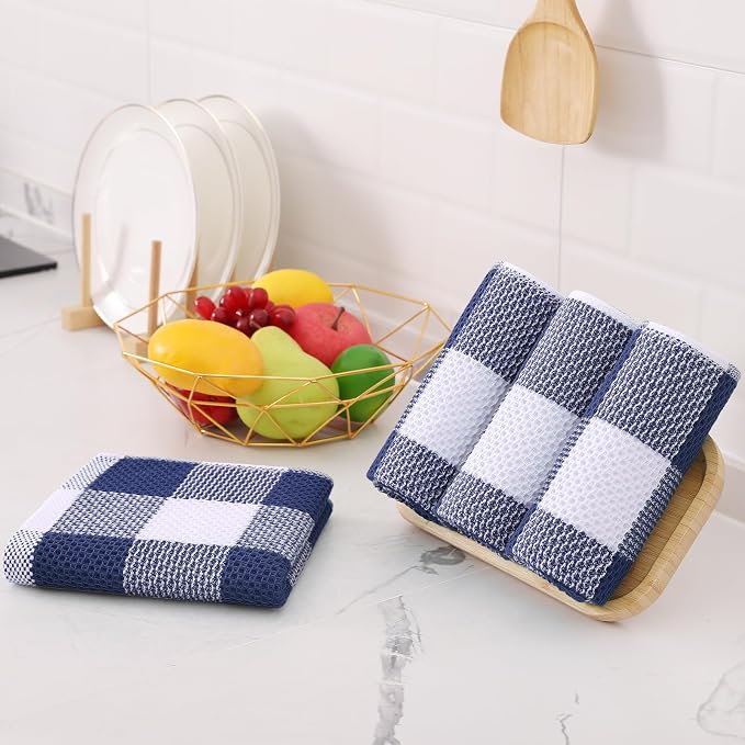 Homaxy Kitchen Towels and Dishcloths Set, Set of 10, White & Navy Blue | Bulk Cotton Waffle Weave Check Plaid Kitchen Towels, Super Soft and Absorbent Dish Cloths, 12 x 12 and 13 x 28 Inches