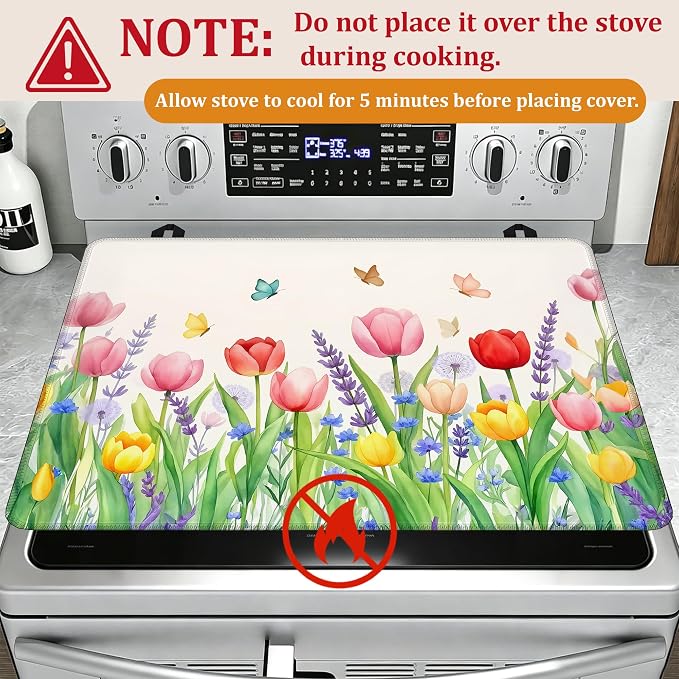 Spring Flowers Glass Top Stove Cover Protector,Rusti c Butterfly Heat Resistant Stove Top Cover, Large Size Range Covers for Electric Stove Countertop Mat, 28 x 20 Inch