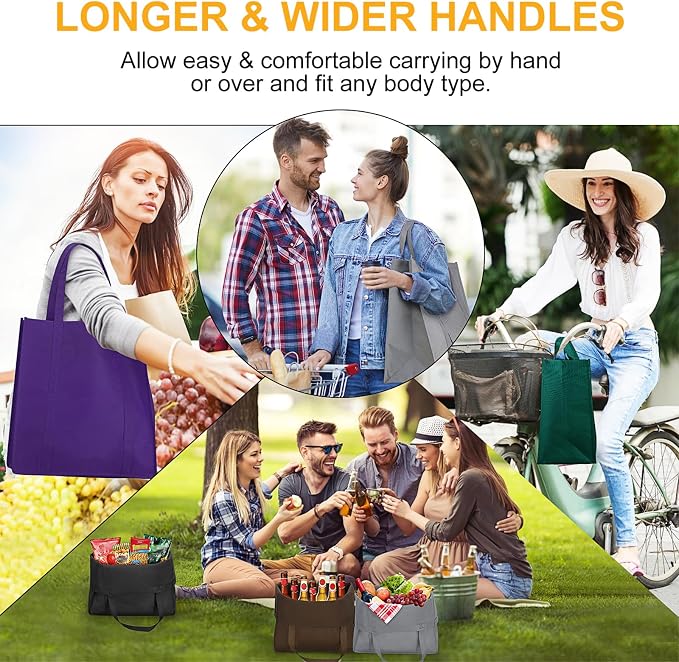 12 Pack Reusable Grocery Shopping Bags Large Foldable Tote Bags Bulk | Eco Produce Bags with Long Handle for Shopping Groceries Clothes (6 Assorted Colors)