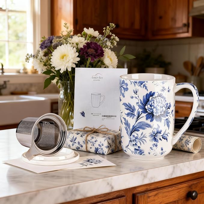 AmorArc Tea Cup With Infuser and Lid, 18oz Loose Leaf Tea Mug With Steeper | Porcelain Tea Mug With Infuser and Lid, Large Strainer Tea Cup with Lid for Tea, Coffee Mug for House-warming Birthday Gift