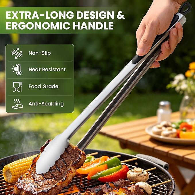 Grill Tongs, 12 & 17 Inch Long Stainless Steel BBQ Tongs (12"+17")
