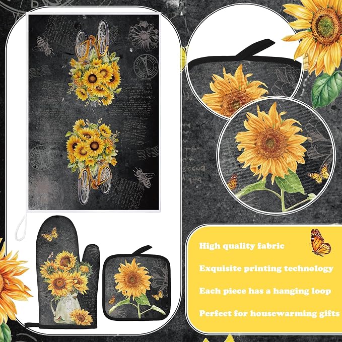 Leinuosen 8 Pcs Black Sunflower Kitchen Towels and Dishcloths Sets Pot Holders and Oven Mitts Sets Absorbent Kitchen Gloves Potholders Heat Resistant for Chef Baking Cooking