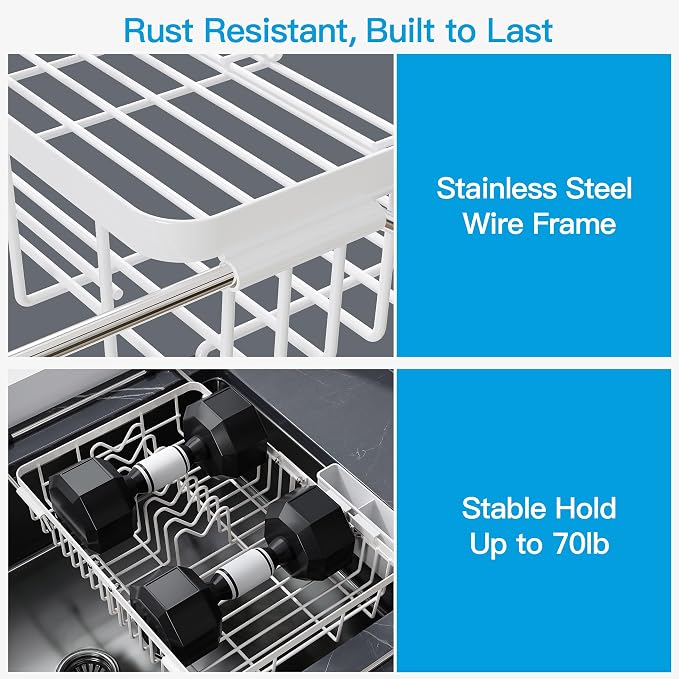 JASIWAY White Dish Drying Rack Over the Sink with Utensil Holder | Expandable Stainless Steel Dish Driainers for Small Kitchen, Counter Space Saving, Fast Drain, Rust Resistant, For Apartment